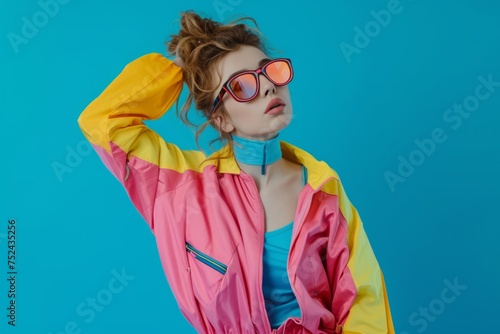 A fashionable girl in bright colorful retro-style clothes on a blue background enjoys the atmosphere of the 80s - 90s