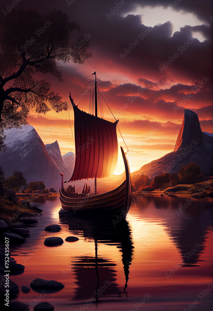 Viking ship in a picturesque place. AI generated