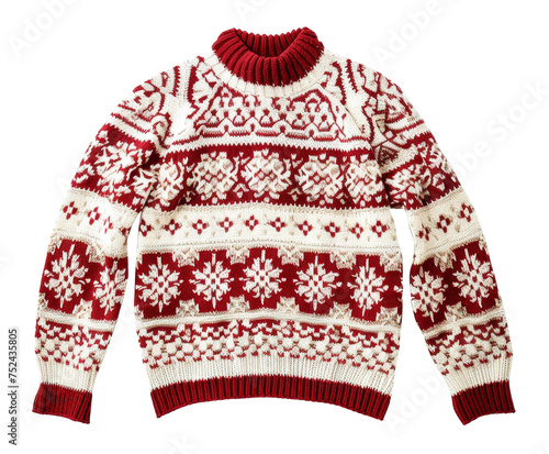 Knitted winter sweater with festive pattern on transparent background - stock png.