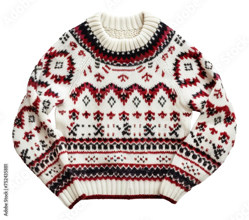 Knitted winter sweater with festive pattern on transparent background - stock png.