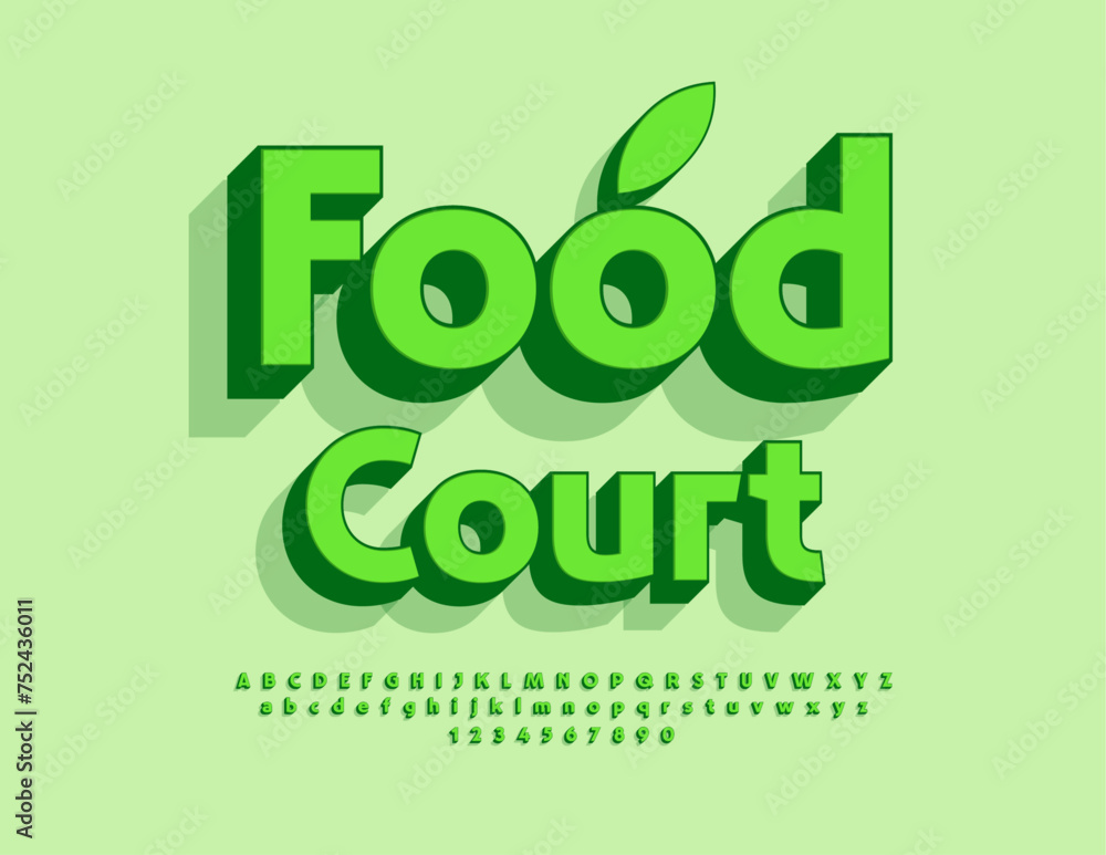 Vector Eco Concept Food Court. Bright Green 3D Font. Creative Alphabet Letters and Numbers. Vector Eco Concept Food Court. Bright Green 3D Font. Creative Alphabet Letters and Numbers.