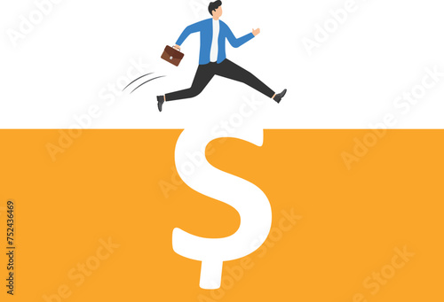 Jumping through falling dollar sign gap. Business financial concept

