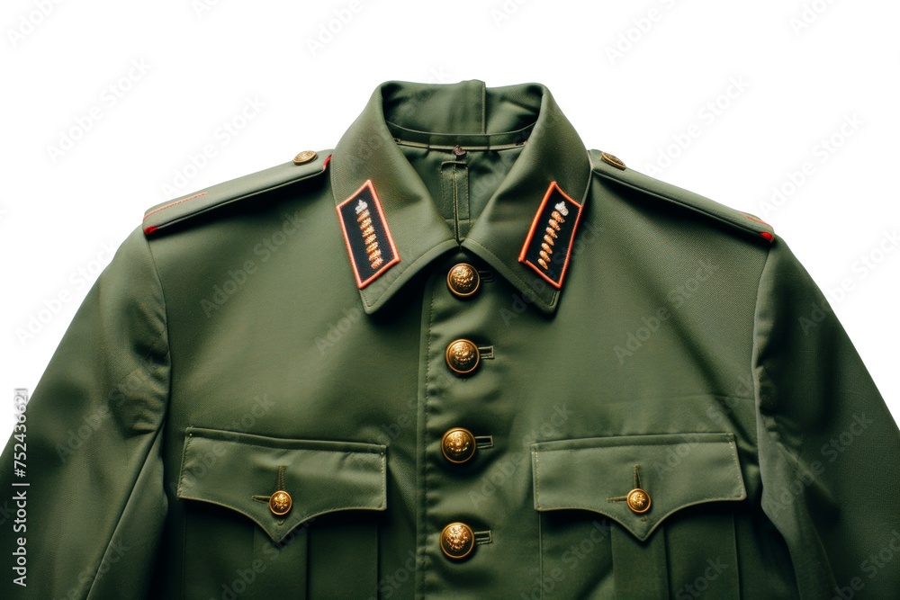Green military uniform jacket with shoulder tabs on transparent background - stock png. - obrazy, fototapety, plakaty 