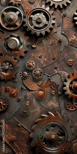 Background Texture Pattern in the Style of Steampunk Leatherwork - Leather textures with steampunk gears and mechanical motifs created with Generative AI Technology