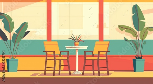 Cozy caf   interior with plants and chairs - A warm and inviting digital illustration of a caf   interior with two chairs and decorative plants