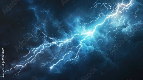 Dynamic electric storm with vibrant blue bolts - Intense scene with bright blue lightning bolts cutting across a dark stormy sky, demonstrating the raw power of nature