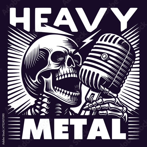 Heavy Metal Anthem - Skull with Vintage Microphone Black and White Vector Illustration