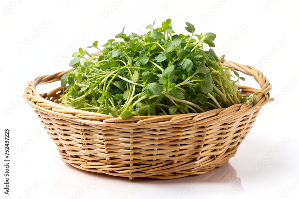 watercress in a basket isolated on white backgroun watercress in a basket isolated on white backgroun