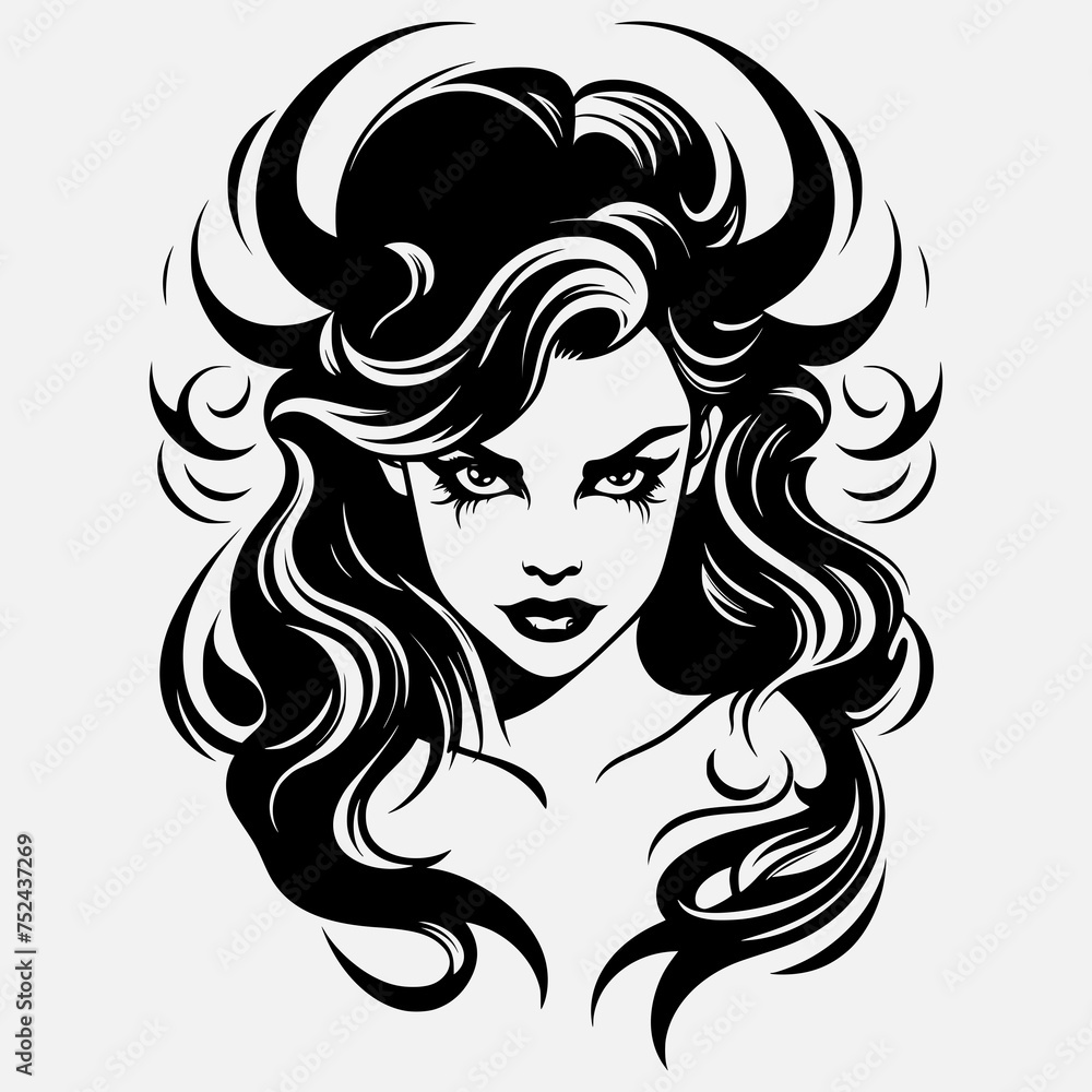 Demonic Woman with Flowing Hair and Mystique Gaze, Monochrome Vector Illustration Demonic Woman with Flowing Hair and Mystique Gaze, Monochrome Vector Illustration