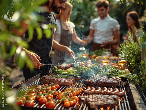 Barbecue party, guests with glasses in their hands stand around a chef who is grilling sausages and steaks