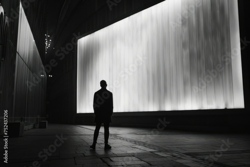 Man before an illuminated display in darkness - A silhouette of a man stands contemplatively before a glowing display in an otherwise dark and empty urban space
