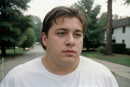 portrait of a man standing in the center of a street in a low-traffic neighborhood with houses and trees