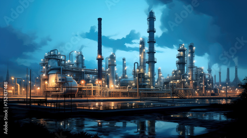 Oil refinery plant in evening. Industrial landscape with smoking chimneys. Chemical plant with puddles on territory