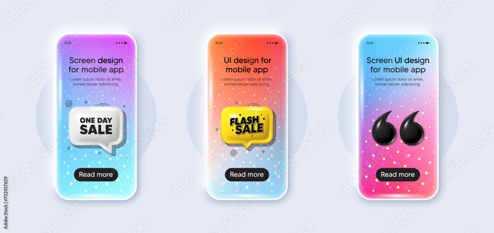 Obraz premium Phone 3d mockup gradient screen. One day sale tag. Special offer price sign. Advertising Discounts symbol. One day phone mockup message. Flash sale chat speech bubble. Yellow text box app. Vector
