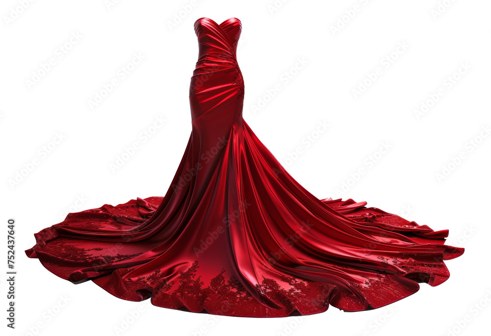 Red velvet evening gown with flowing train on transparent background ...
