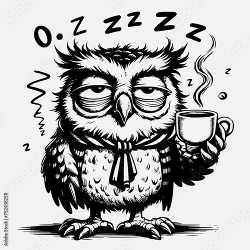 Sleepy and Grumpy Owl with Coffee Mug - Monochrome Vector Illustration