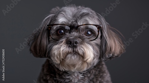 Cute puppy with glasses in studio, ideal for text placement, offering a playful and stylish vibe.