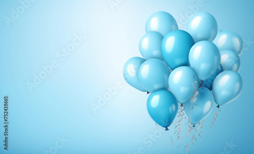 Blue balloons with wavy ribbons. Balloons near space mine. Decorations to create festive atmosphere