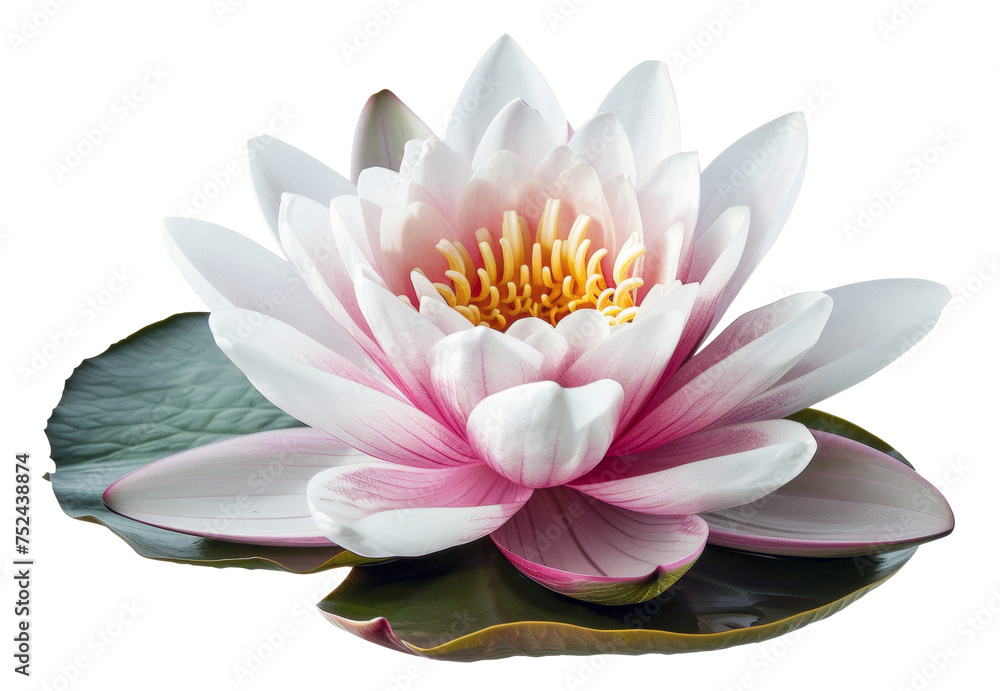 Pink water lily with dew drops floating on water on transparent background - stock png.