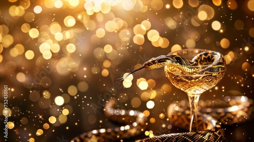 Golden snake with extended tongue lies atop reflective surface with a bokeh golden light backdrop, giving a luxurious vibe. New Year party, 2025