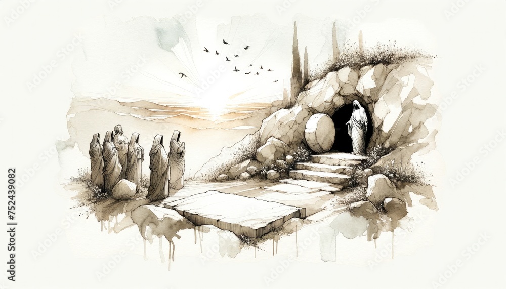 Obraz premium Resurrection of Jesus. The tomb is discovered to be empty. Life of Jesus. Digital line-art illustration. 