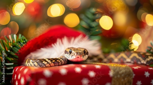 Snake wrapped in a Santa hat, nestled on festive gift wrap, amidst a backdrop of Christmas lights and bokeh.