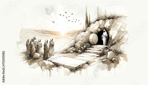 Resurrection of Jesus. The tomb is discovered to be empty. Life of Jesus. Digital line-art illustration.  © Faith Stock