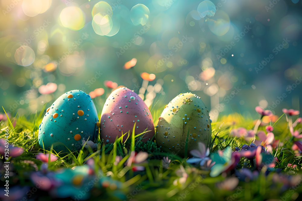 Three Easter eggs in a fairytale forest. Three Easter eggs in a fairytale forest.