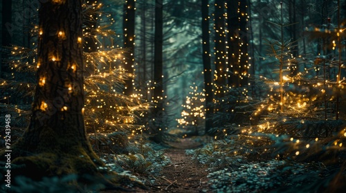 Mystical forest path lit by golden fairy lights entwined around pine trees, casting a magical glow in the twilight. Suitable for enchanting backgrounds.