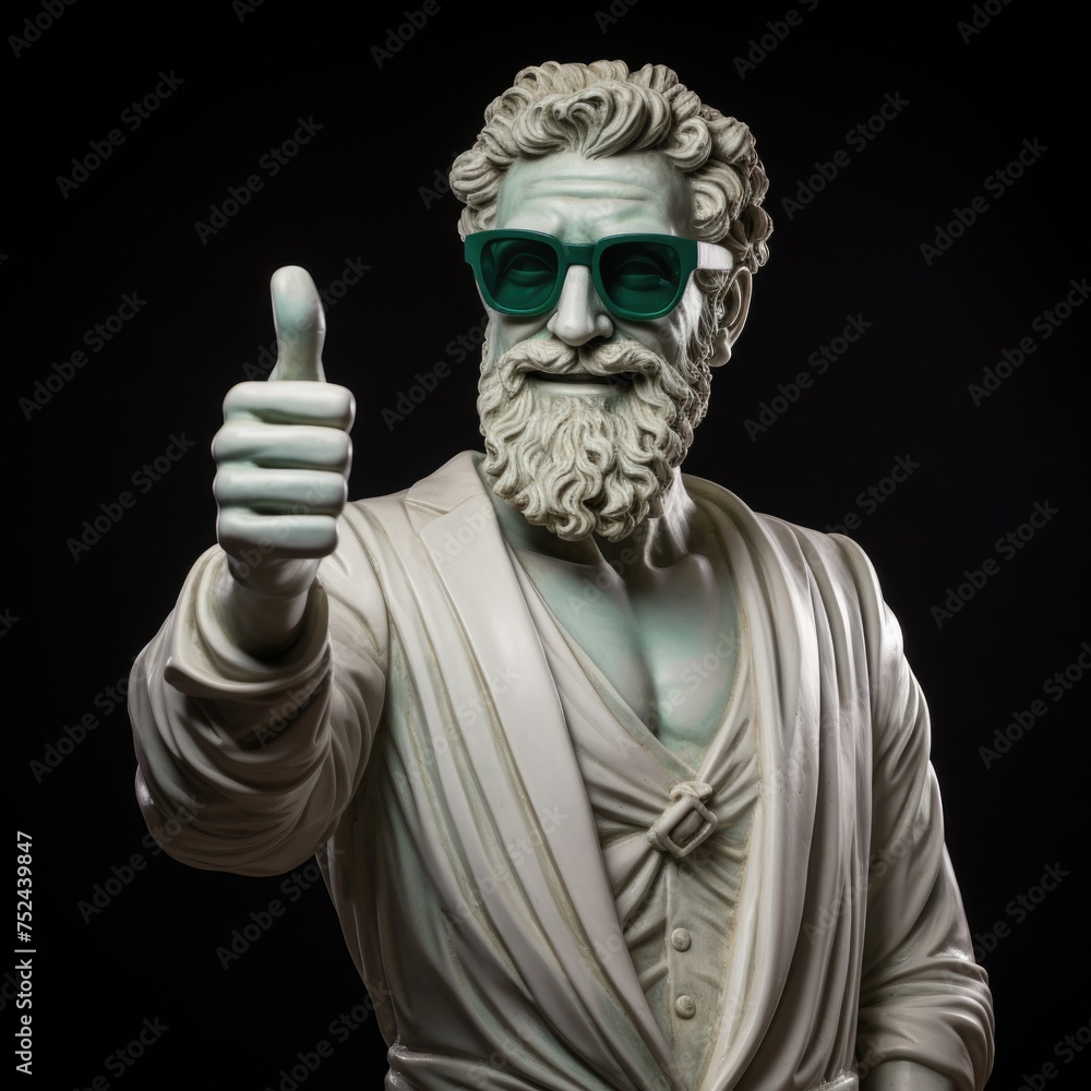 Happy smiling Greek white plaster statue with beard, wearing business suit and blue sunglasses, thumb up. on dark background Happy smiling Greek white plaster statue with beard, wearing business suit and blue sunglasses, thumb up. on dark background
