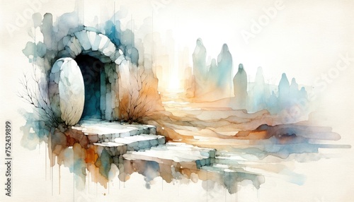 Resurrection of Jesus. The tomb is discovered to be empty. Life of Jesus. Digital watercolor painting.  © Faith Stock