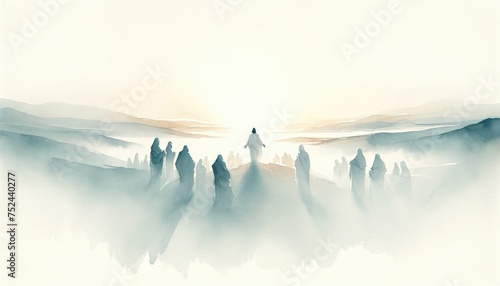 Resurrection of Jesus: Jesus appears to his followers. Life of Jesus. Digital watercolor painting.