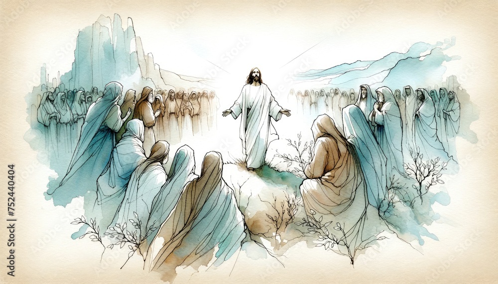 Resurrection of Jesus: Jesus appears to his followers. Life of Jesus. Digital line-art illustration. - obrazy, fototapety, plakaty 