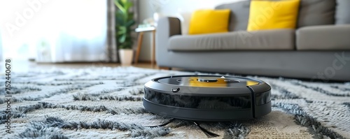 Watch an efficient robot vacuum cleaner effortlessly maintain a tidy living space. Concept Robot Vacuums, Efficient Cleaning, Tidy Living Space, Home Automation, Technology Innovation