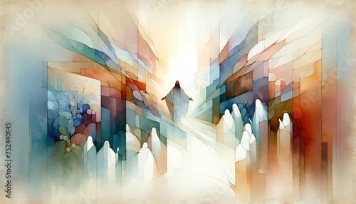 Resurrection of Jesus: Jesus appears to his followers. Life of Jesus. Digital watercolor painting. photo