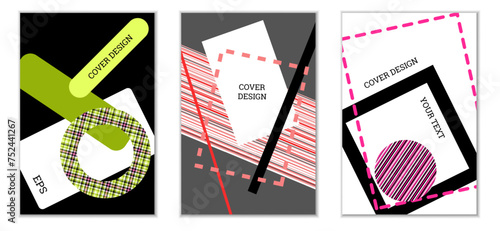 Geometric cover design, set of 3 covers. Abstract unusual background in Memphis style. Bright geometric shapes in random order