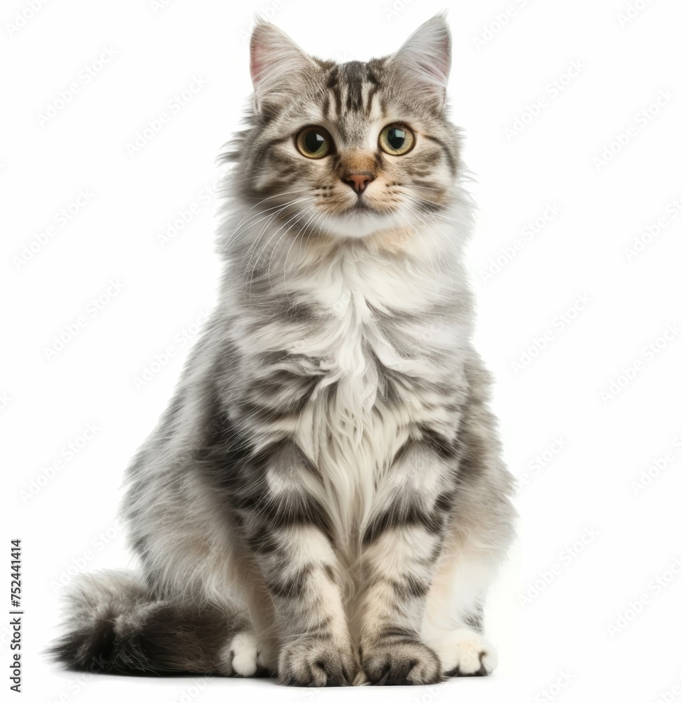 Obraz premium An American curl cat with long, silky fur is sitting on a white background