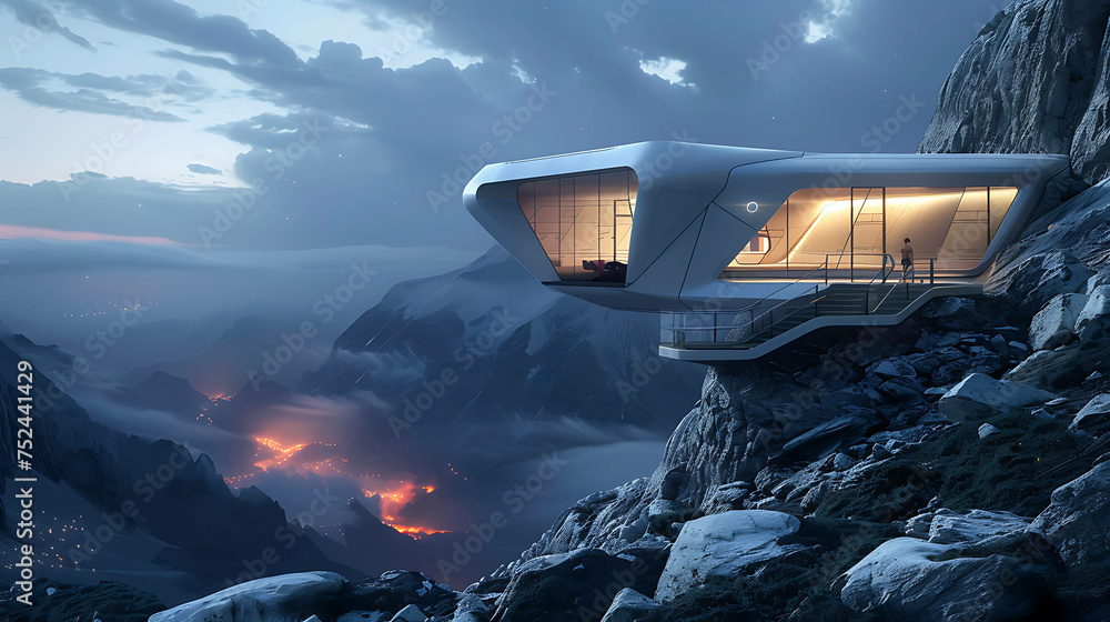 A modern house sits on the edge of a cliff. The house is made of glass and metal, and it has a sleek, futuristic design. - obrazy, fototapety, plakaty 