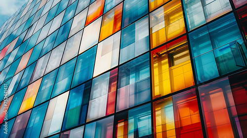 vibrant colors of a modern glass skyscraper. the image is full of energy and life, and it captures the feeling of being in a bustling city.