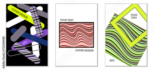 Geometric cover design, set of 3 covers. Abstract unusual background in Memphis style. Bright geometric shapes in random order