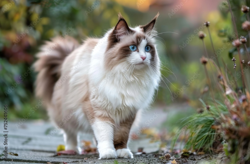 A fluffy white and brown ragdoll cat with blue eyes is walking on a sidewalk