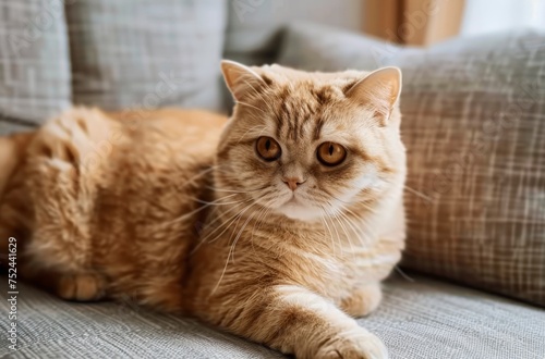 A scottish fold cat is laying on a couch with its eyes closed