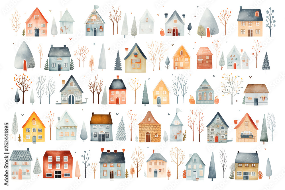 Set of different watercolor colorful houses isolated on white background. Clipart bundle, hand drawn set, tiny core, cute cartoonish design.