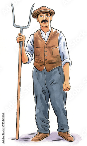 Canvas Print Vintage Man with Pitchfork watercolour