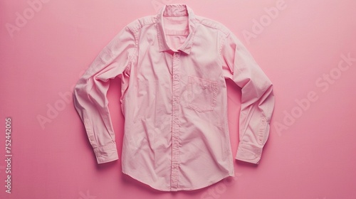 Soft pink shirt laid out flat, showcasing its smooth texture.