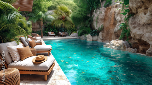 Swimming pool in luxury hotel resort. 3d rendering image.