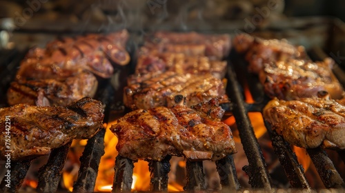 Grilled Delights: Juicy Steaks on the BBQ. Succulent grilled steaks sizzling on a BBQ grill, with a smoky aroma, perfect for a summer cookout.
