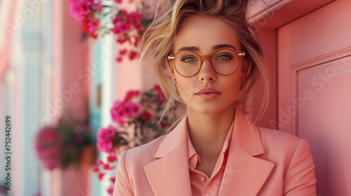 a woman wearing glasses and a pink suit