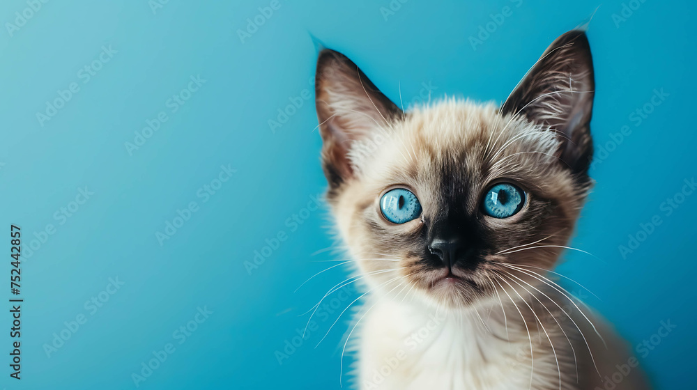 A studio portrait of a Siamese kitten with bright blue eyes. The kitten is looking at the camera with a curious expression.