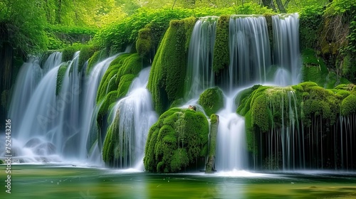 Tranquil waterfall cascading down mossy rocks.